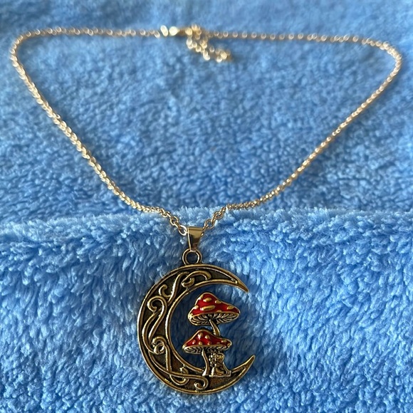 Boho Zinc Gold tinted Mushroom Crescent Moon Charm Necklace - Picture 2 of 4